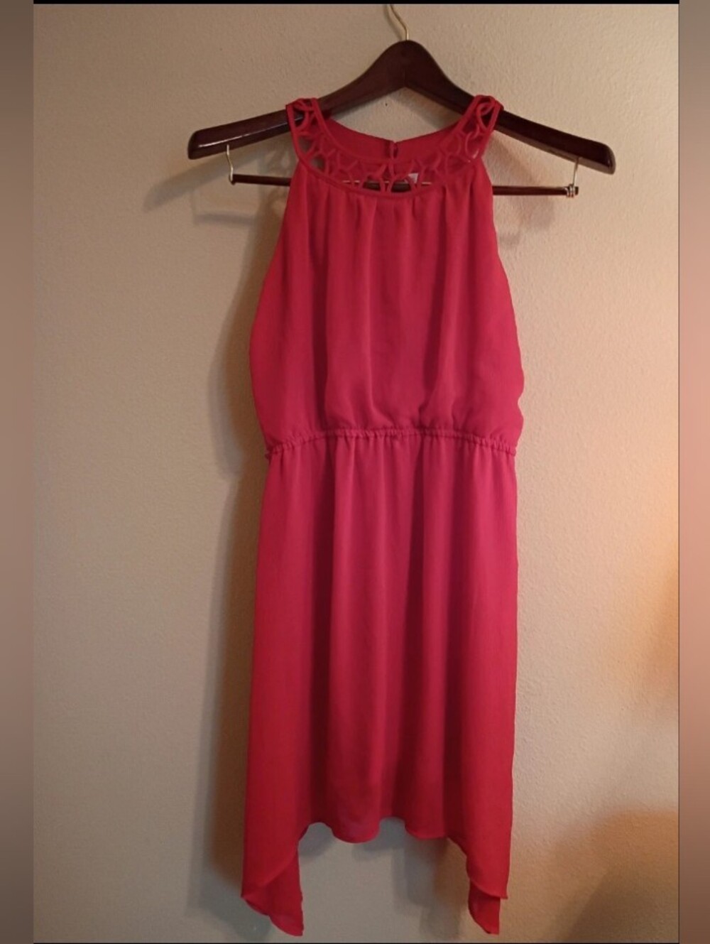 Red High Low Dress Sleeveless Chiffon Crochet Neck Large